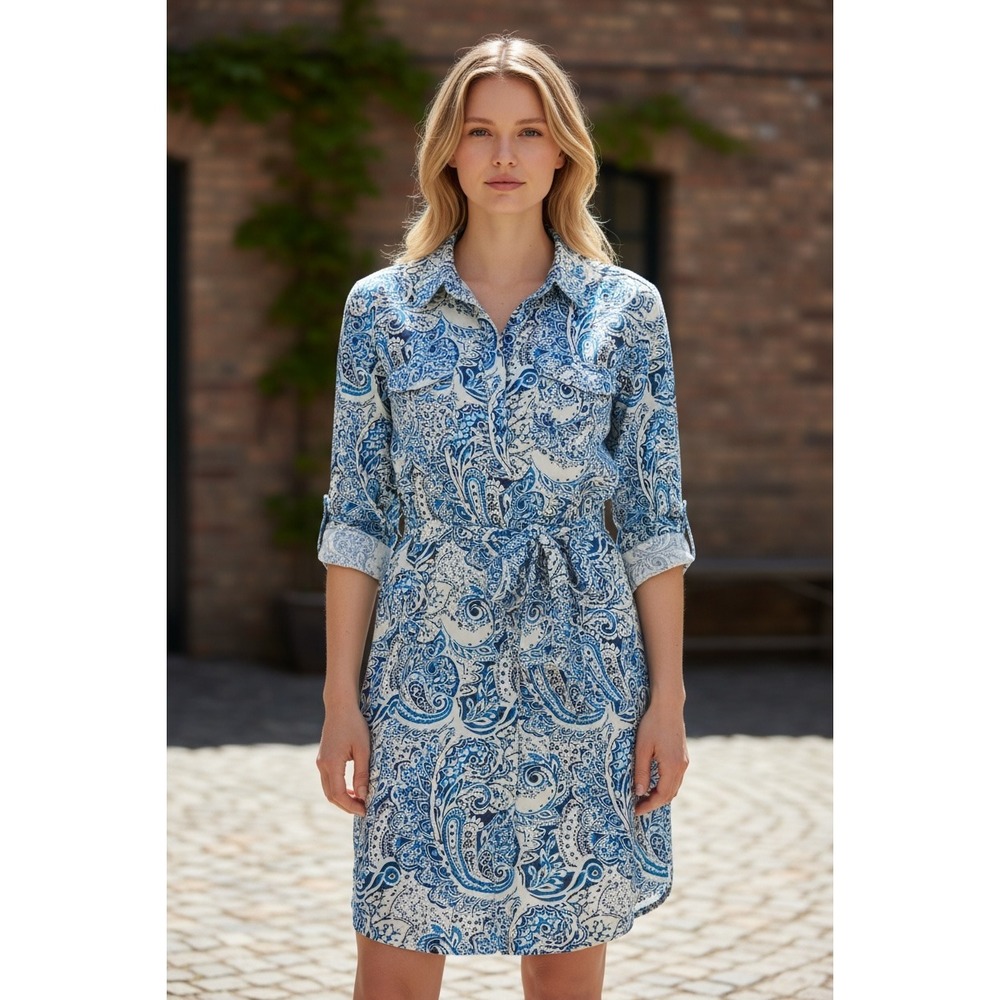 Bit & Bridle Shirt Dress NWT Women's L Pullover Button Up Roll Tab Sleeve Paisle